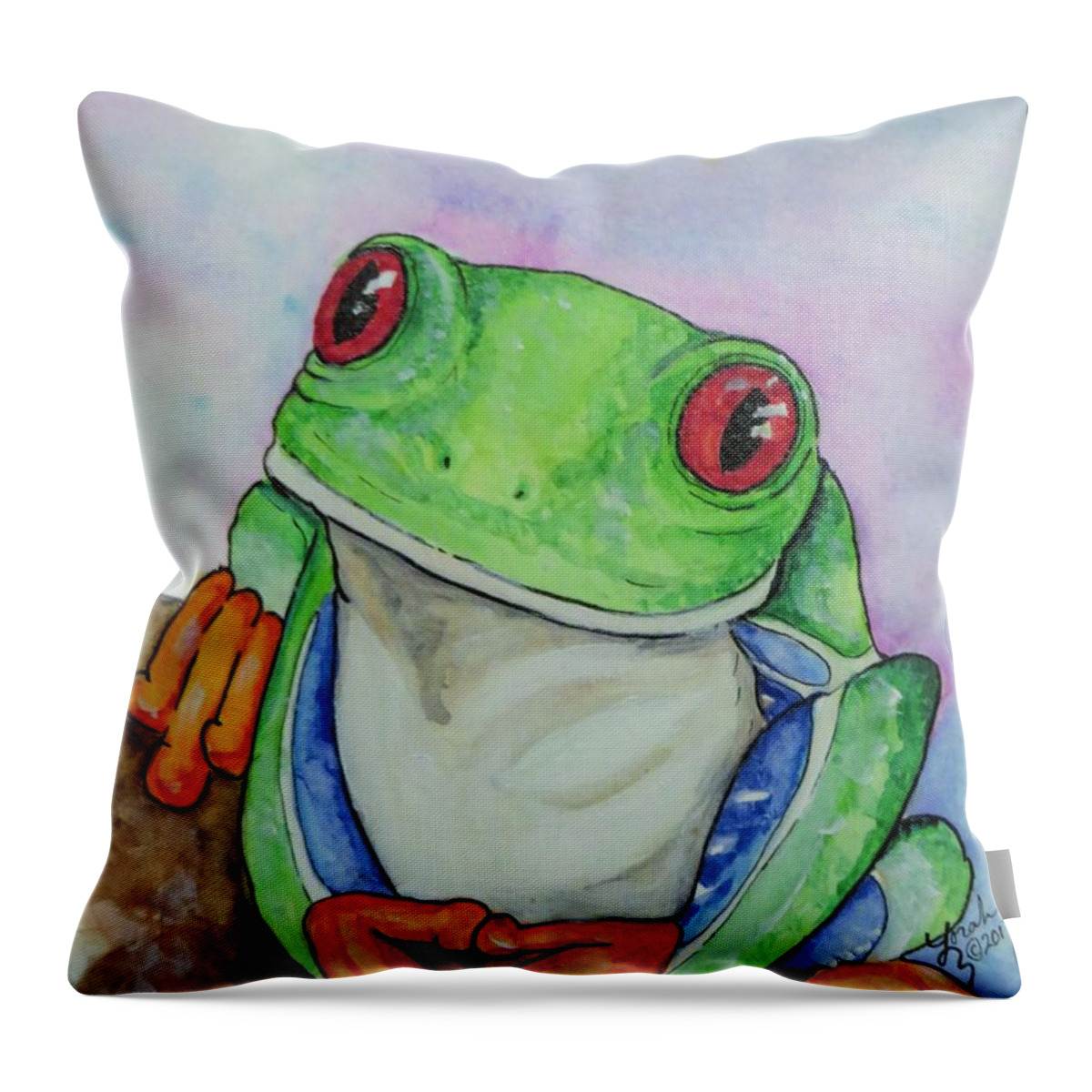 Red Eyed Tree Frog Throw Pillow featuring the painting Hello by Lora Tout
