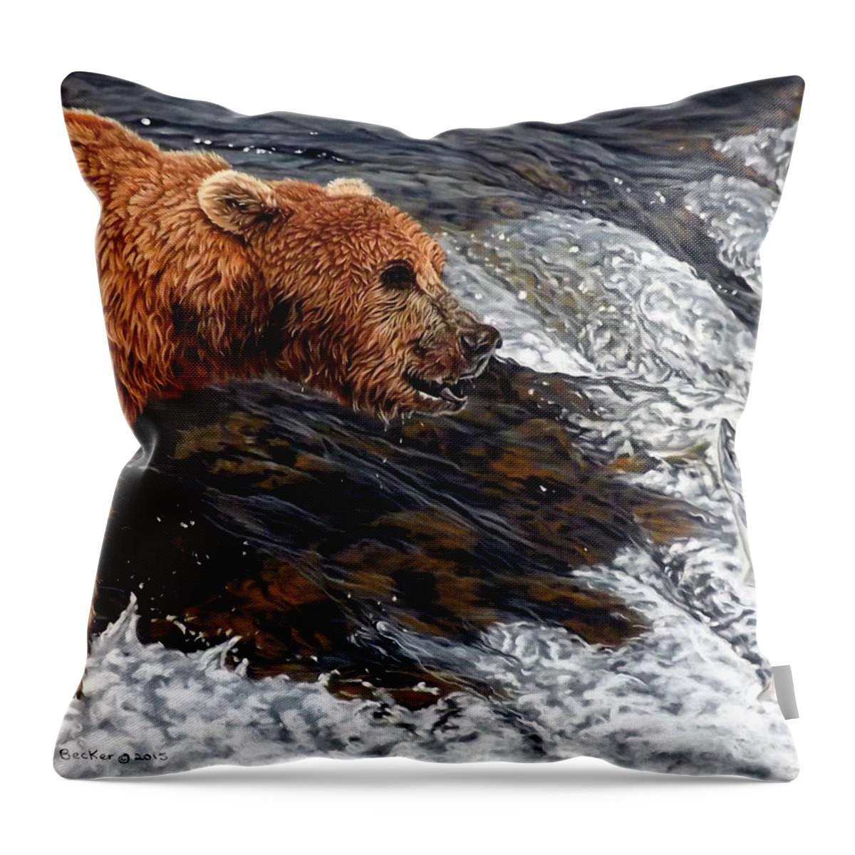 Bear Throw Pillow featuring the painting Here comes dinner by Linda Becker