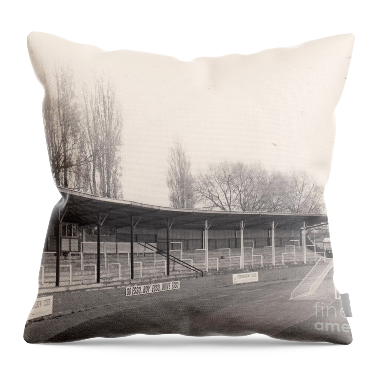  Throw Pillow featuring the photograph Hereford United - Edgar Street - Meadow End 1 - BW - 1969 by Legendary Football Grounds