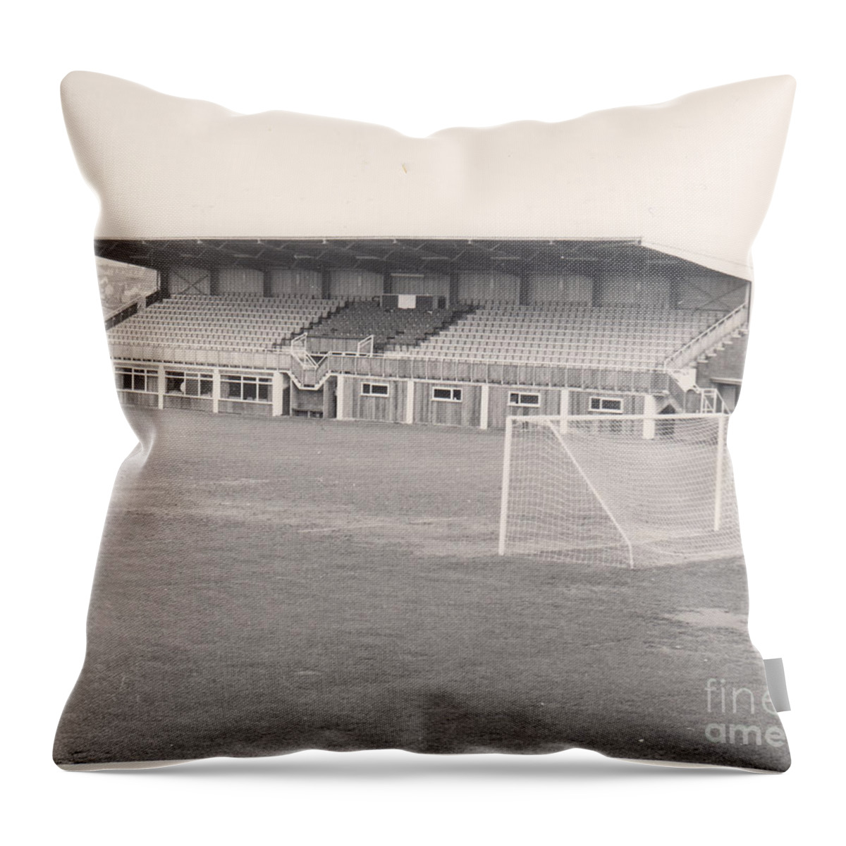  Throw Pillow featuring the photograph Hereford United - Edgar Street - Merton Stand 1 - BW - 1969 by Legendary Football Grounds