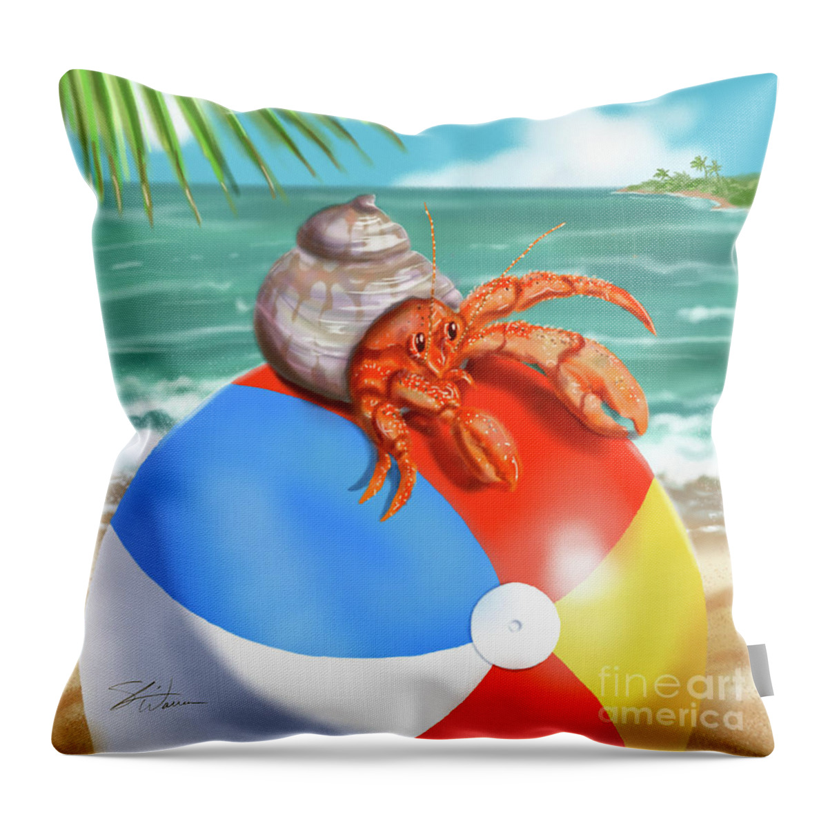 Crab Throw Pillow featuring the mixed media Hermit Crab on a Beachball by Shari Warren