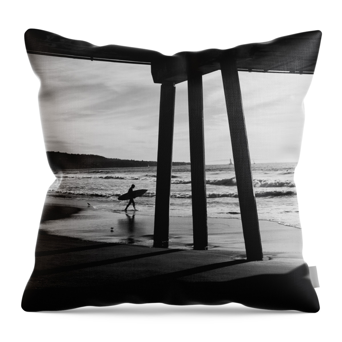 Pier Throw Pillow featuring the photograph Hermosa Surfer Under Pier by Michael Hope