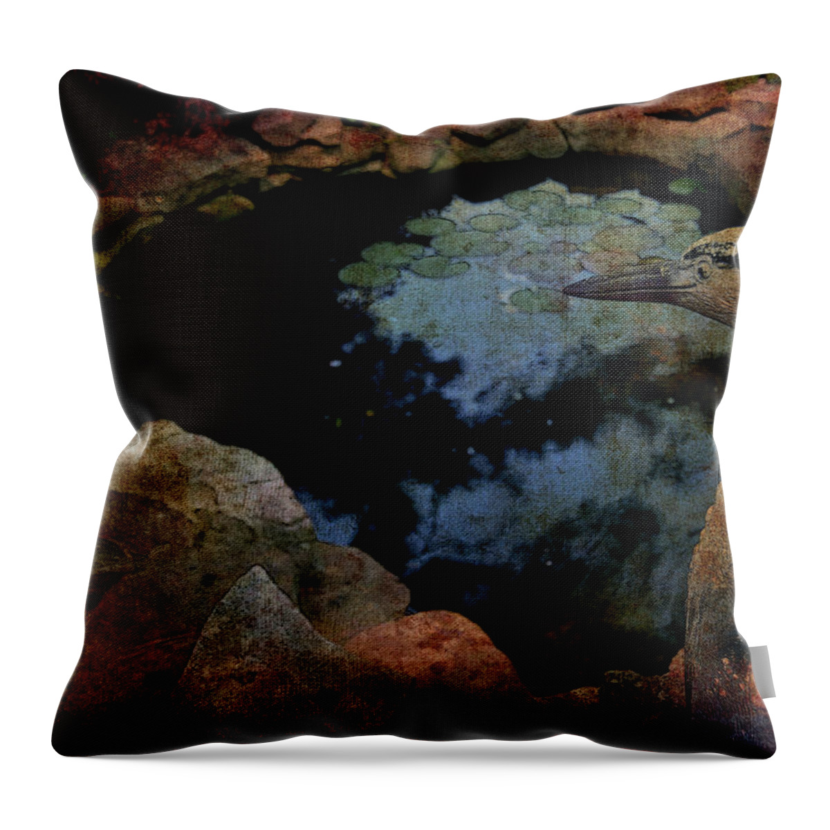 Heron Throw Pillow featuring the photograph Heron and The Koi Pond by Lesa Fine
