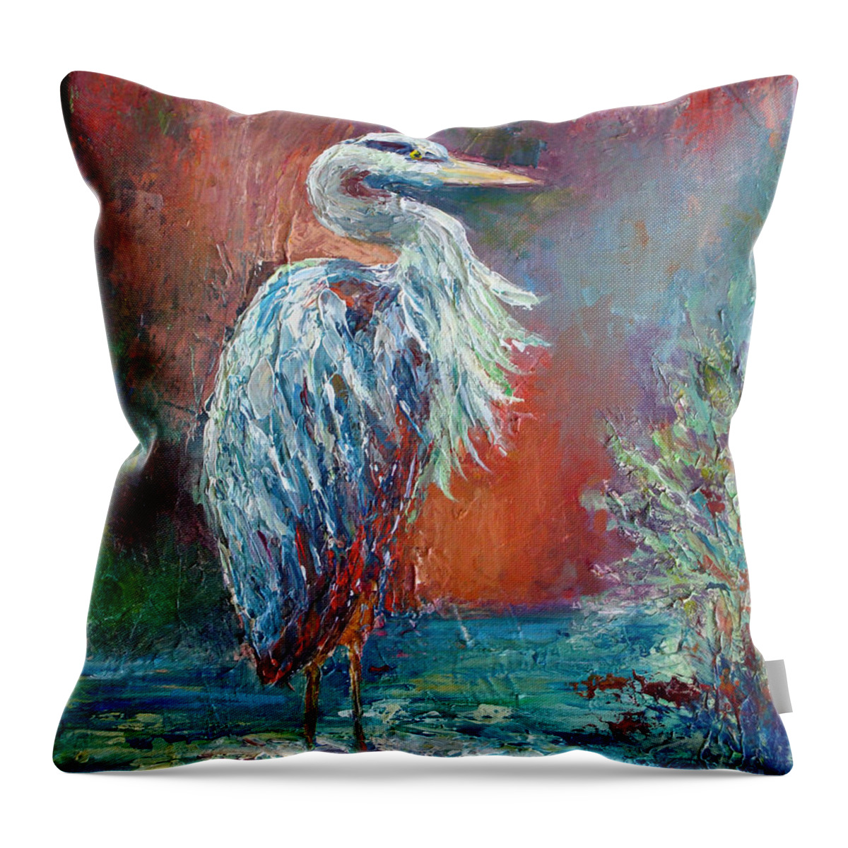 Heron Throw Pillow featuring the painting Heron in Color by Phyllis Howard