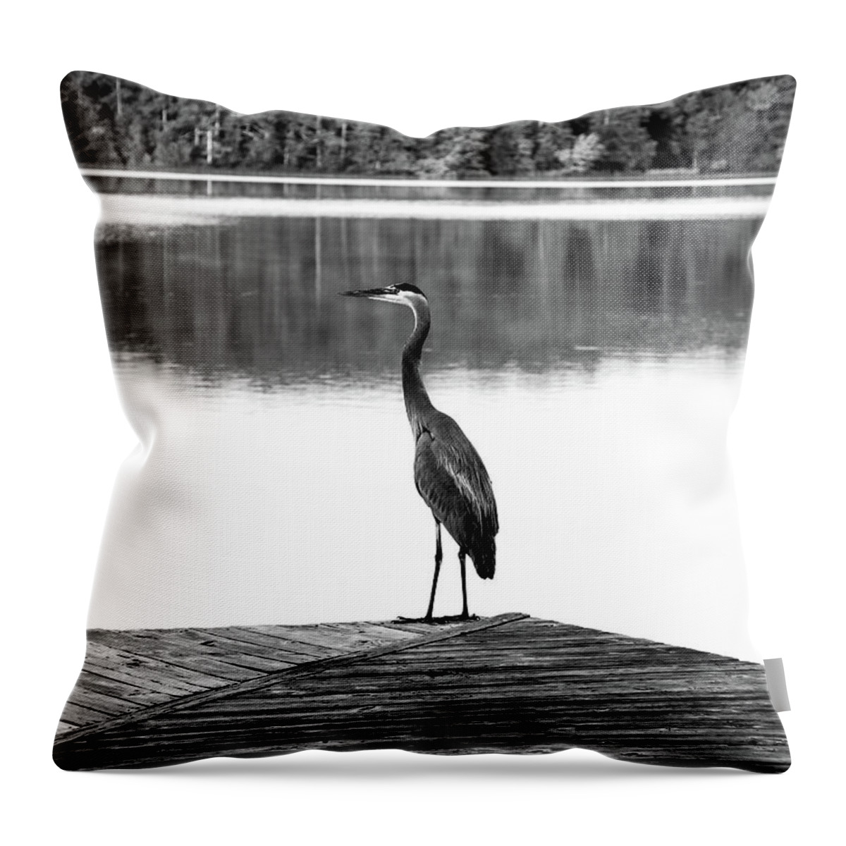 Heron Throw Pillow featuring the digital art HerOn the dock of the bay by Kathleen Illes
