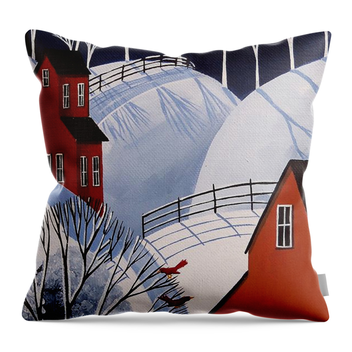 Folk Art Throw Pillow featuring the painting Hi Friends - cardinal red bird cat folk art by Debbie Criswell