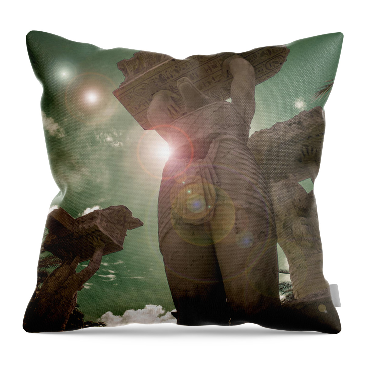 Art; Brown; Cloud; Concrete; Digital; Eerie; Grain; Green; Perspective; Sculpture; Star; Statue; Stone; Strange; Sun; Sunny; Sunshine; Tall; Texture; Up; Weird; Lens Flare Throw Pillow featuring the photograph Hiding From the Hostile Suns by Steve Taylor