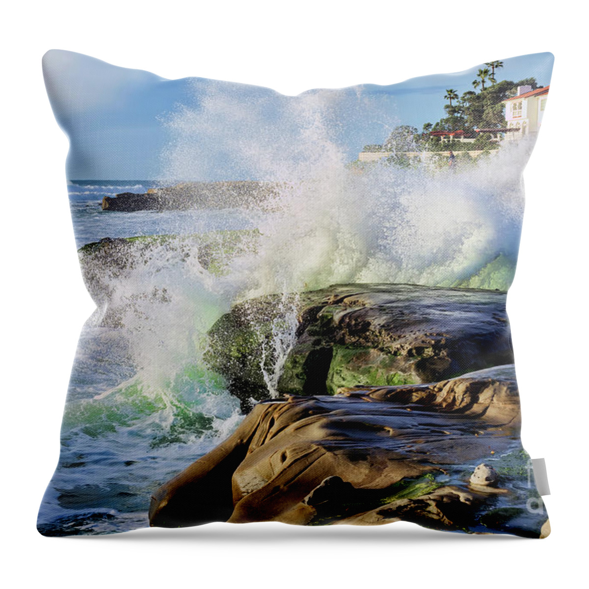High Throw Pillow featuring the photograph High Tide On The Rocks by Eddie Yerkish