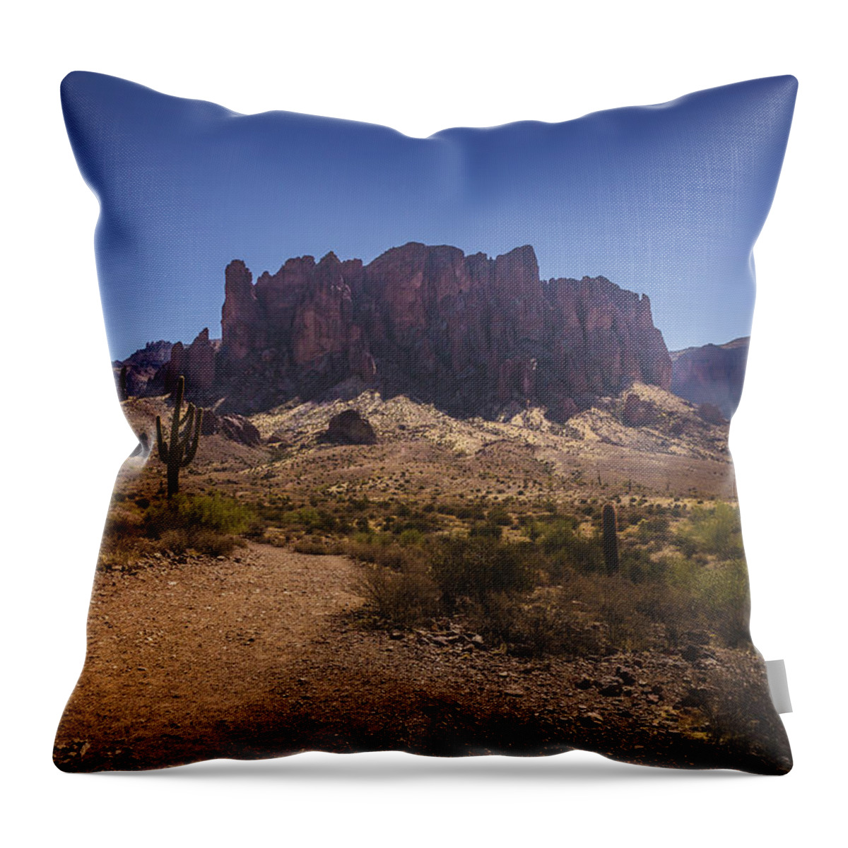 Apache Junction Throw Pillow featuring the photograph Trail to Superstition Mountains #1 by Andy Konieczny