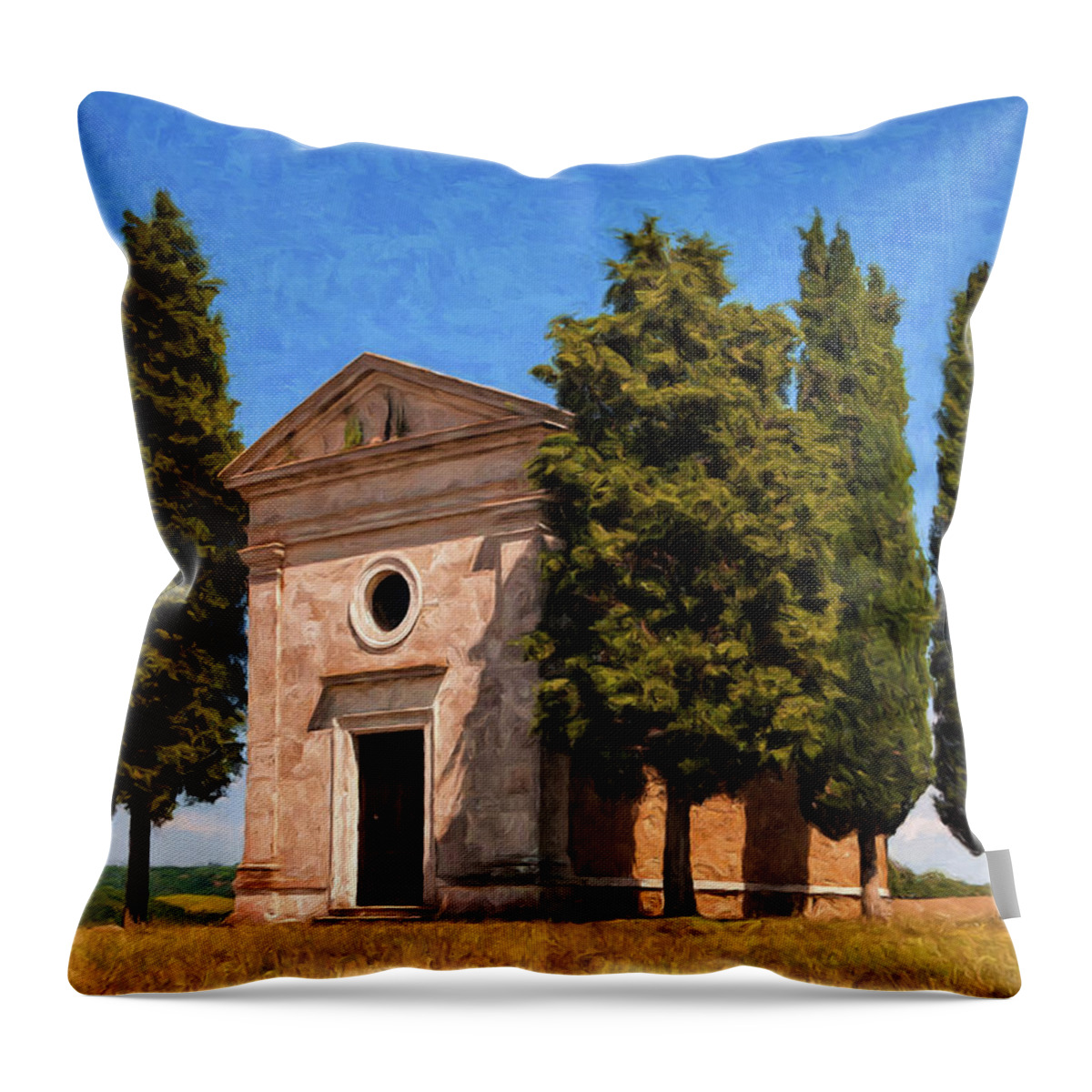 Italy Throw Pillow featuring the painting Hilltop Chapel Tuscany by Dominic Piperata
