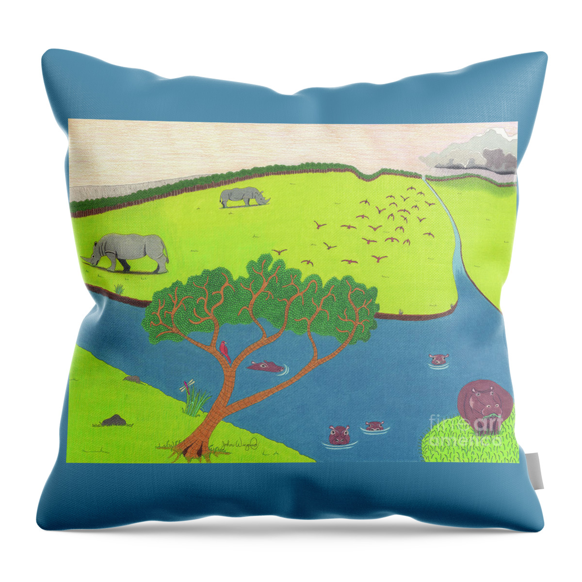 Africa Throw Pillow featuring the drawing Hippo Awareness by John Wiegand