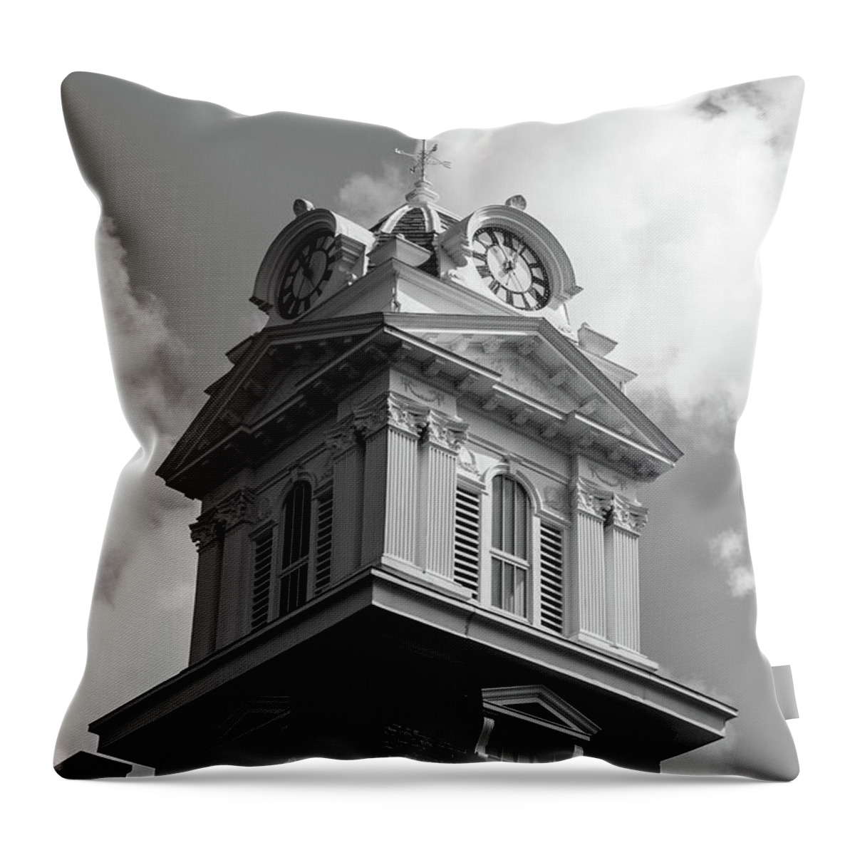 Gwinnett County Courthouse Steeple Throw Pillow featuring the photograph Historic Courthouse Steeple in BW by Doug Camara