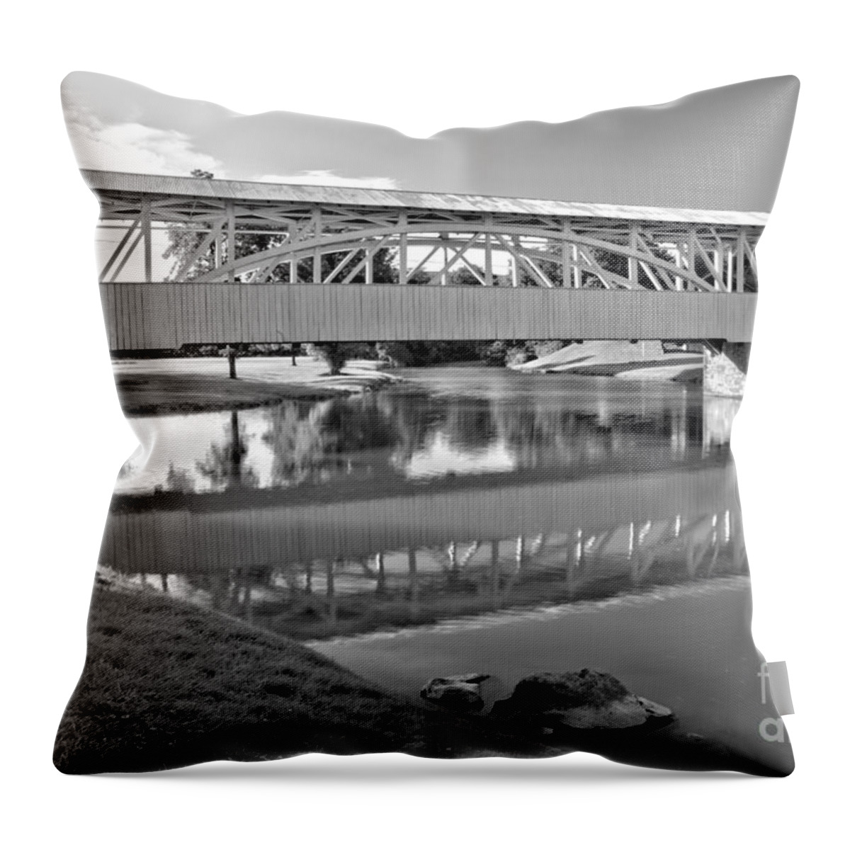 Halls Mill Covered Bridge Throw Pillow featuring the photograph Historic Halls Mill Bridge Reflections Black And White by Adam Jewell