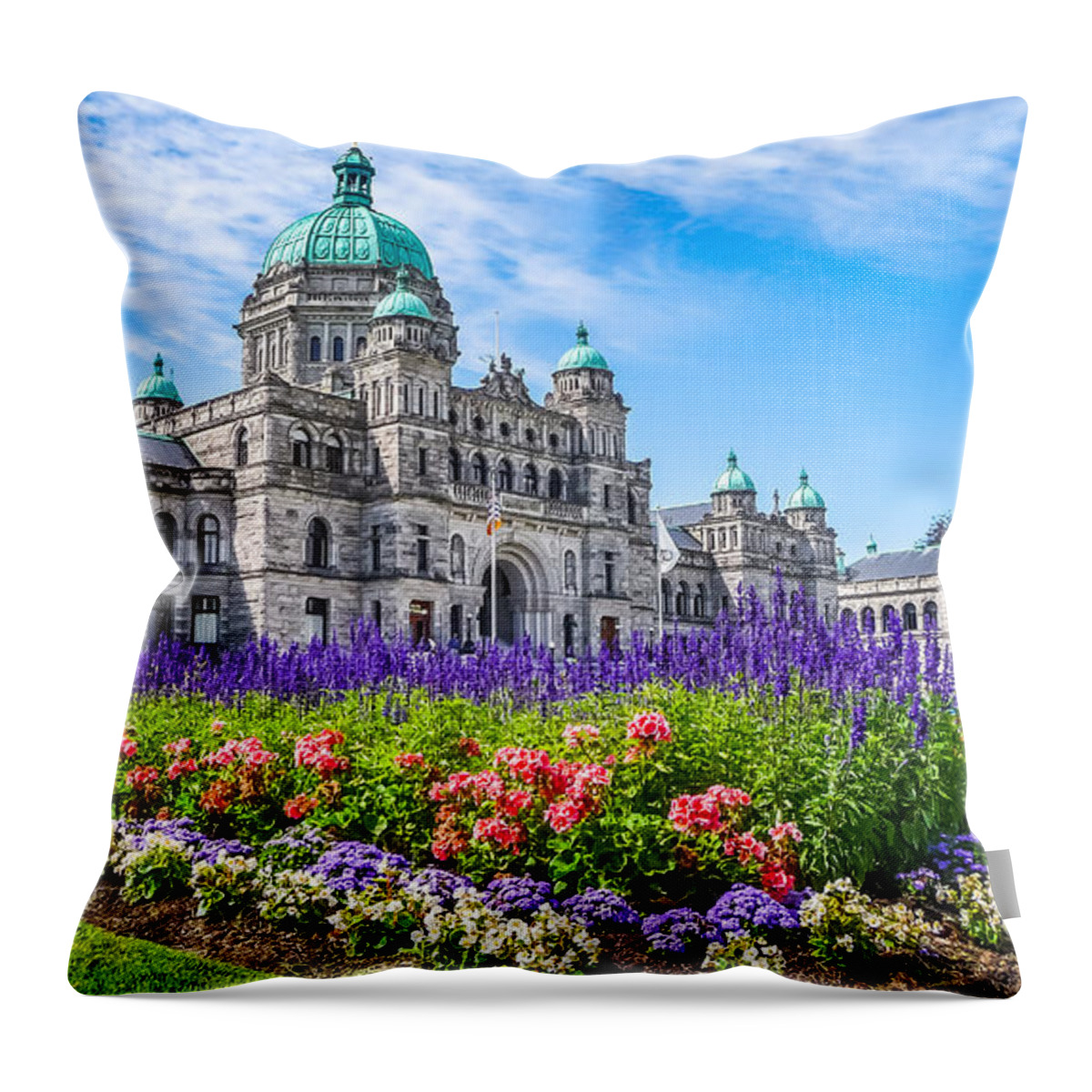 Architecture Throw Pillow featuring the photograph Historic parliament building in Victoria with colorful flowers, BC, Canada by JR Photography