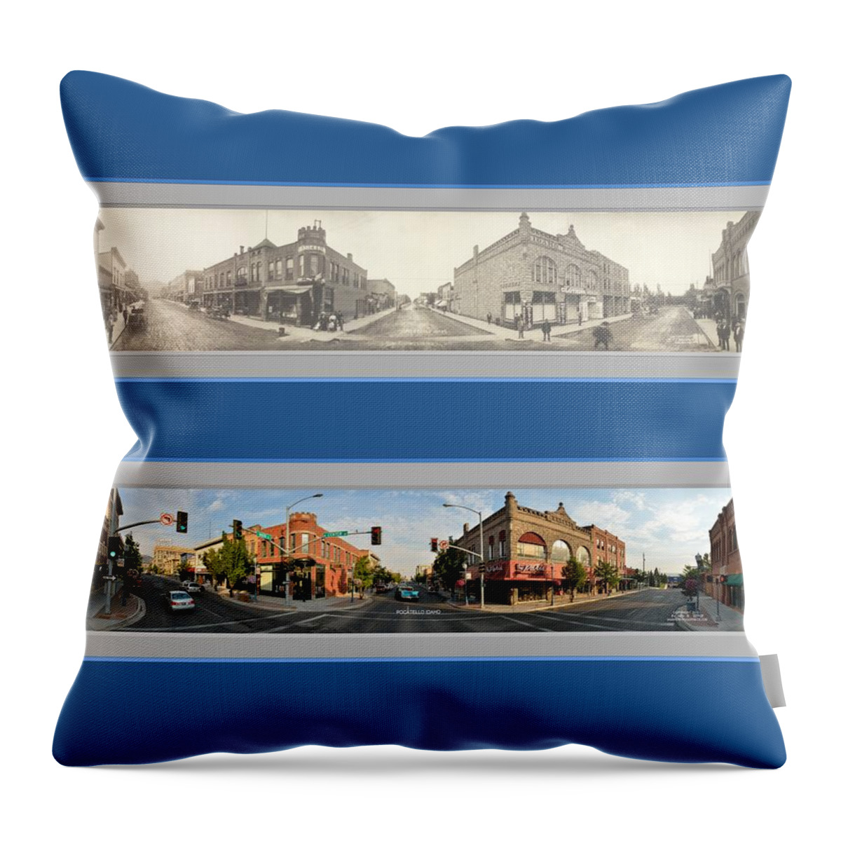 Historic Panorama Panoramic Reproduction Old New Now Then Pocatello Idaho Throw Pillow featuring the photograph Historic Pocatello Idaho Panoramic Reproduction by Ken DePue