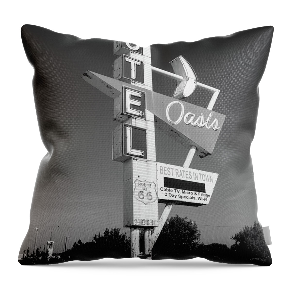 America Throw Pillow featuring the photograph Historic Route 66 Googie Neon Sign - Oasis Motel - Tulsa Oklahoma USA - Black and White by Gregory Ballos