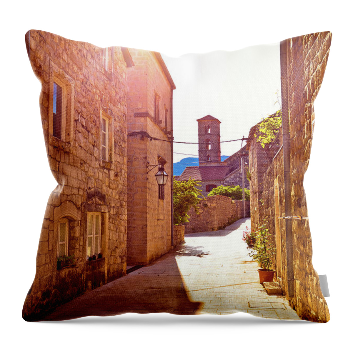 Ston Throw Pillow featuring the photograph Historic town of Ston street and church view by Brch Photography