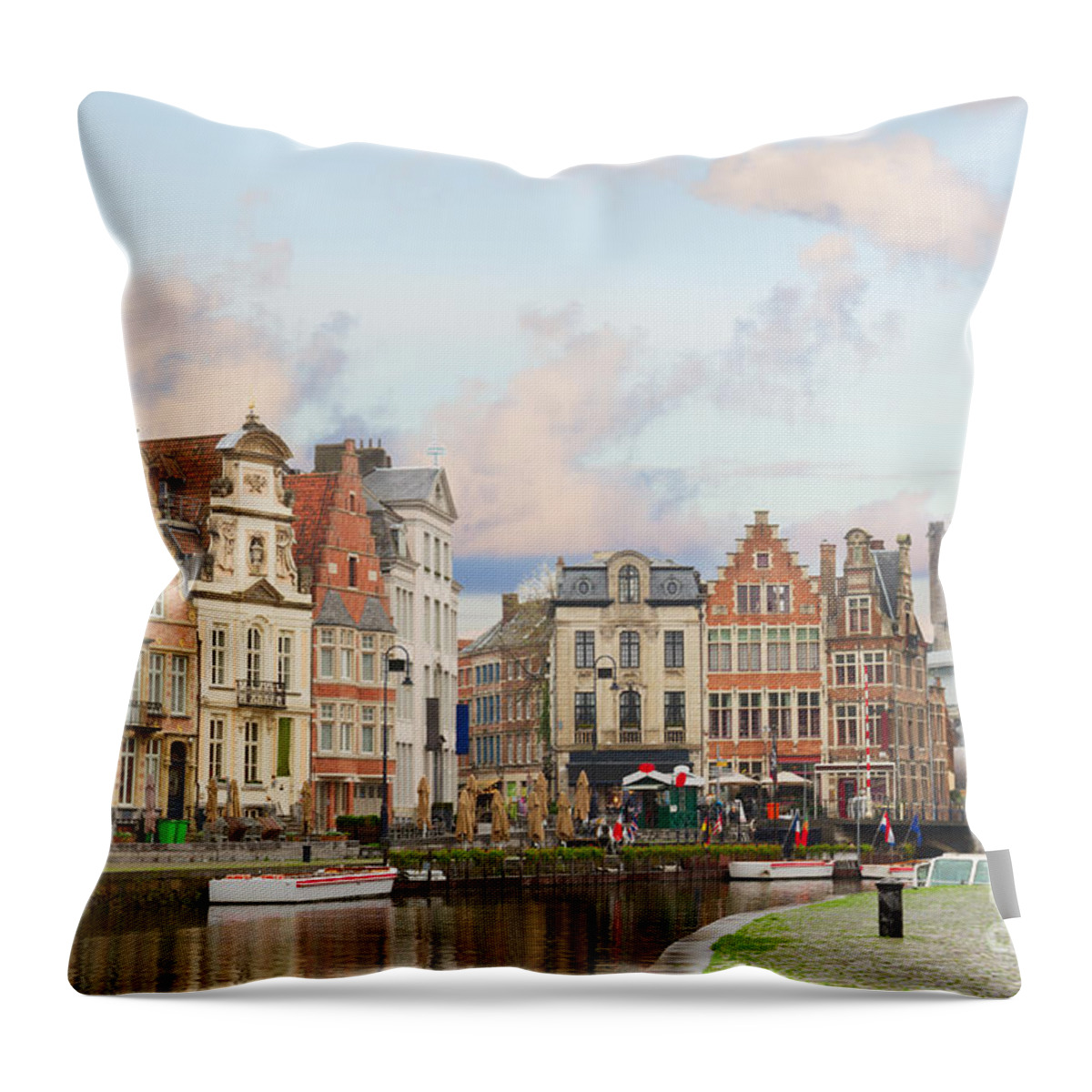 Belgium Throw Pillow featuring the photograph historical Graslei harbor , Ghent by Anastasy Yarmolovich