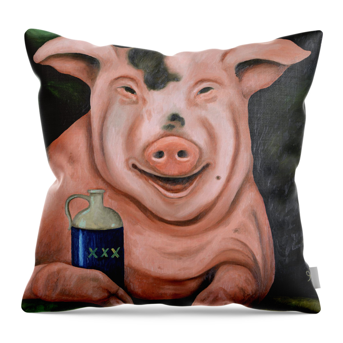 Pig Throw Pillow featuring the painting Hogging The Moonshine by Leah Saulnier The Painting Maniac