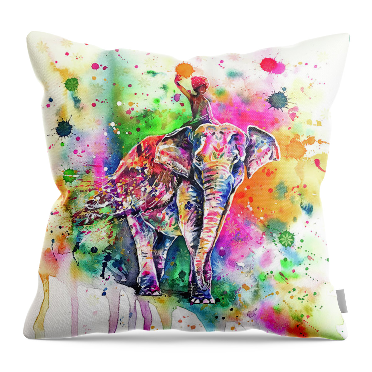 Holi Throw Pillow featuring the painting Holi Decorated Indian Elephant by Zaira Dzhaubaeva