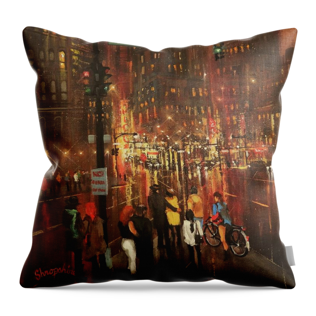 ; Christmas Shopping Throw Pillow featuring the painting Holiday Shoppers by Tom Shropshire