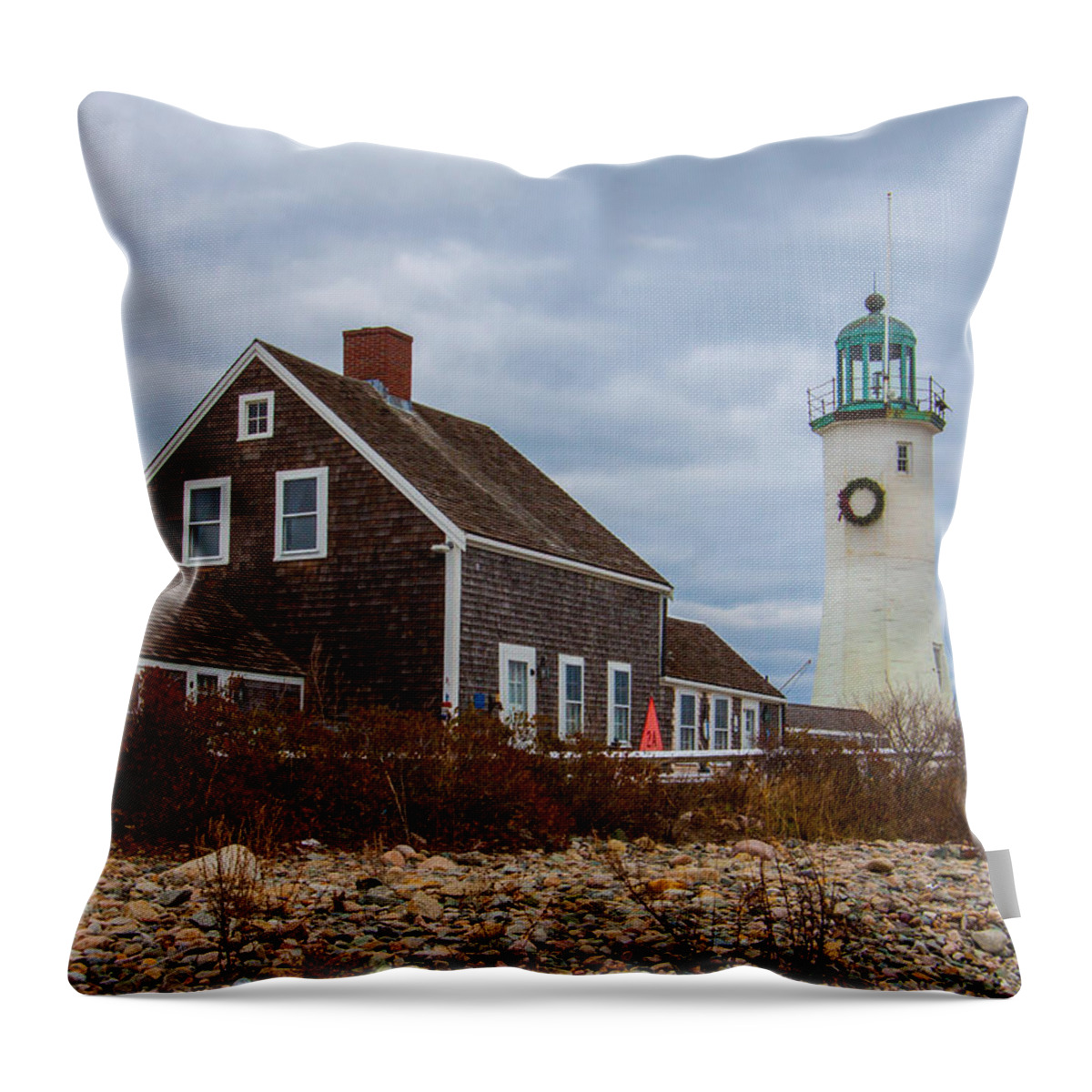 Christmas Throw Pillow featuring the photograph Holiday Wreath on the Lighthouse by Brian MacLean