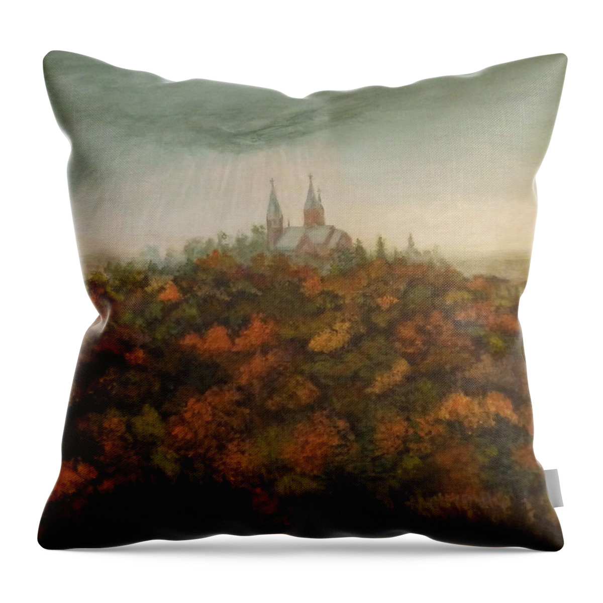 Fall.colors Throw Pillow featuring the painting Holy Hill Rain Storm by Dan Wagner