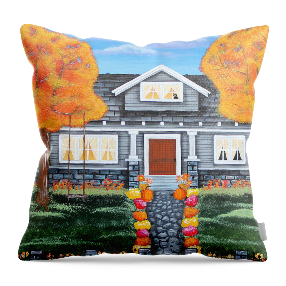 Landscape Throw Pillow featuring the painting Home Sweet Home - Comes Autumn by Melissa Toppenberg