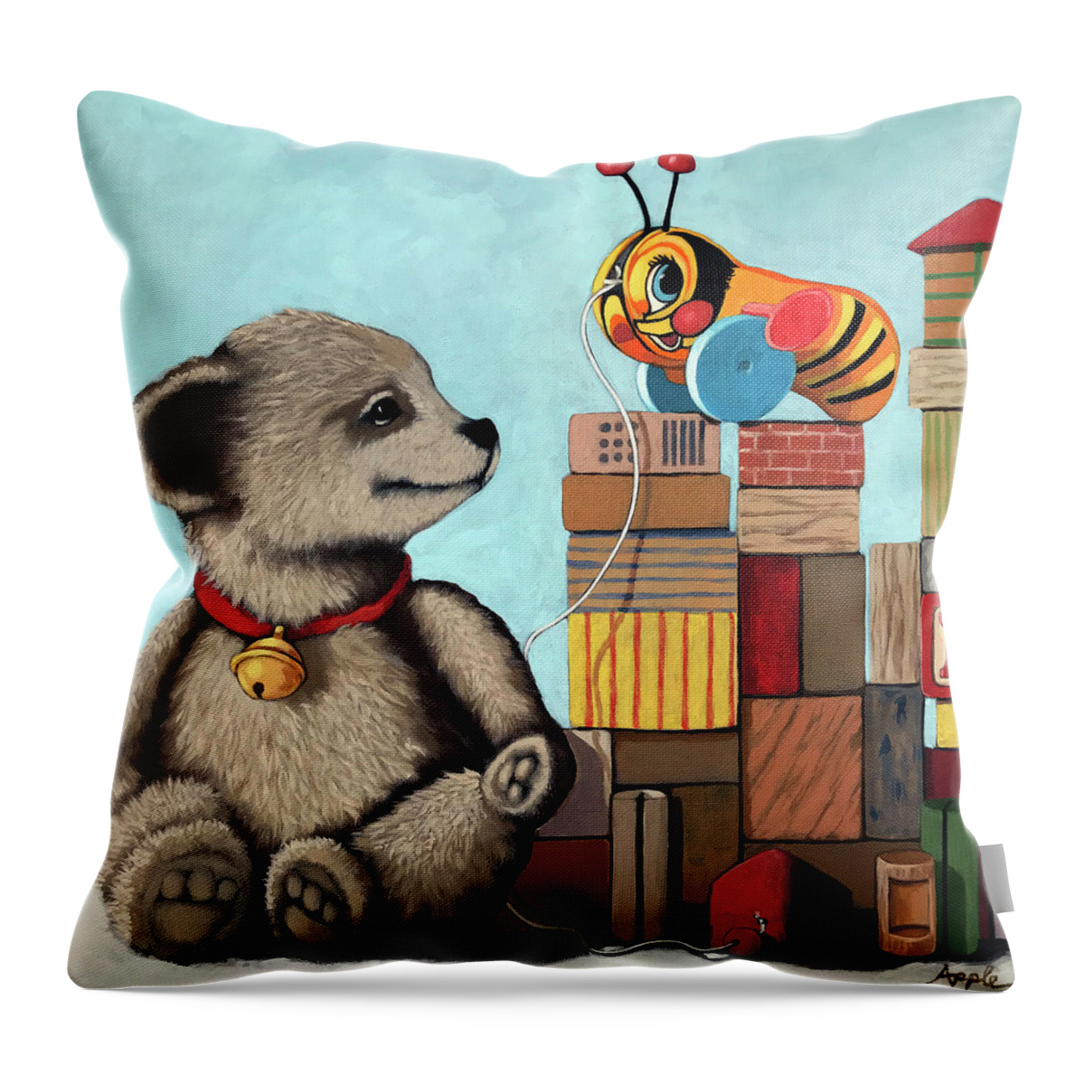 Vintage Toys Throw Pillow featuring the painting Honey Bear - vintage toys by Linda Apple