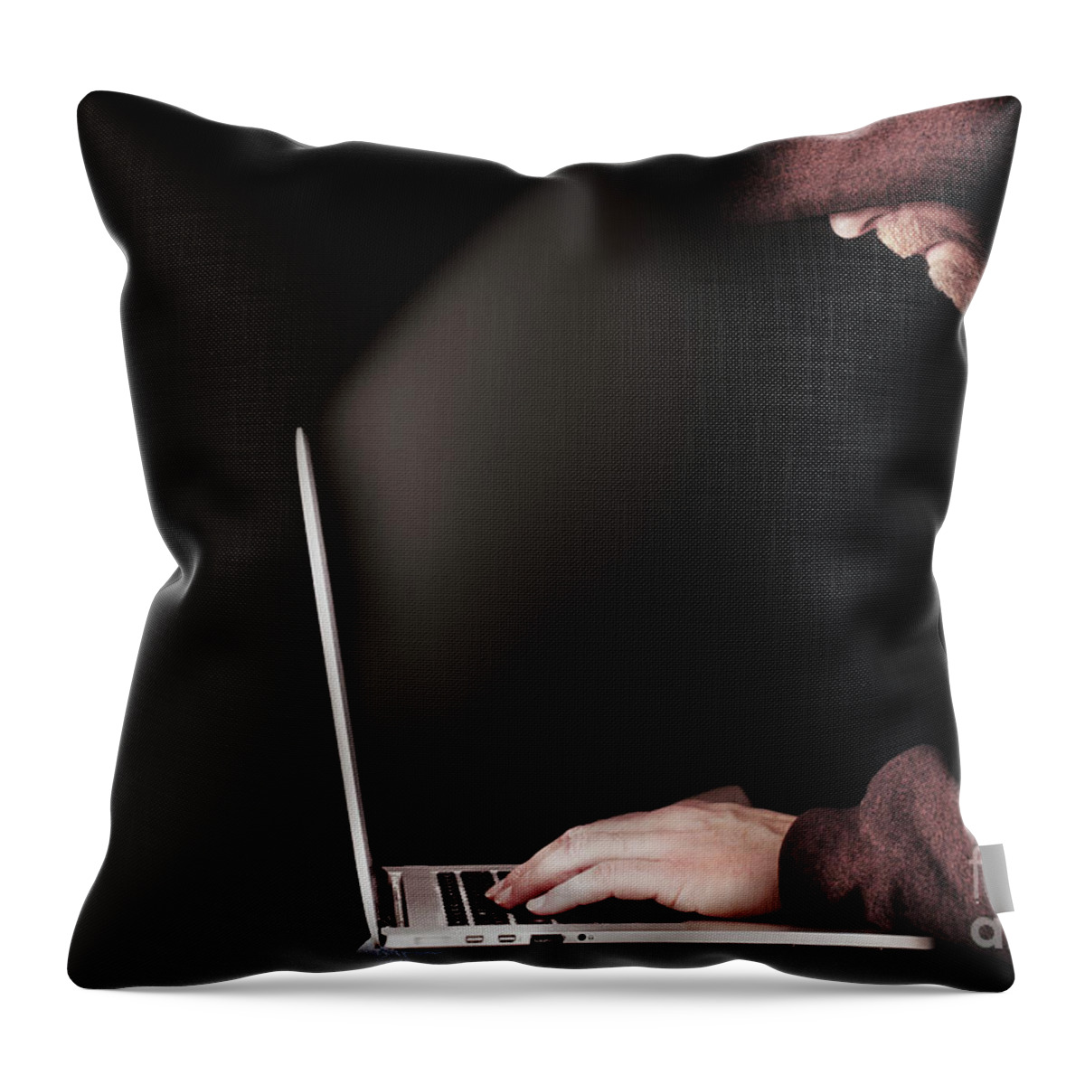 Computer Throw Pillow featuring the photograph Hooded computer hacker using laptop by Simon Bratt