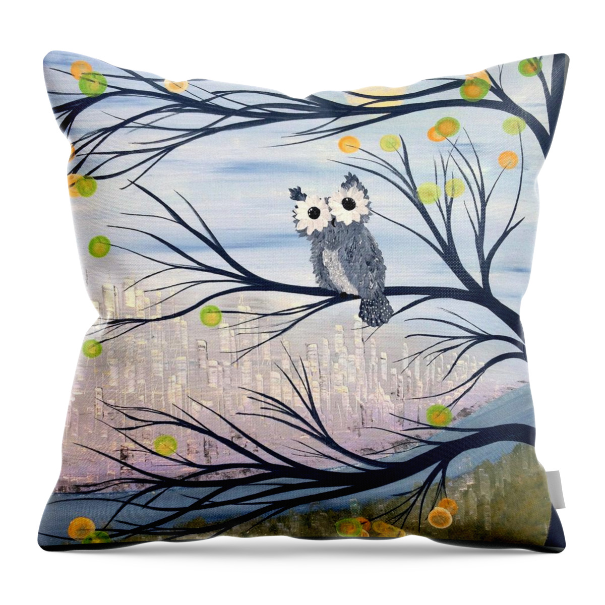 Owl Throw Pillow featuring the painting Hoos City by MiMi Stirn