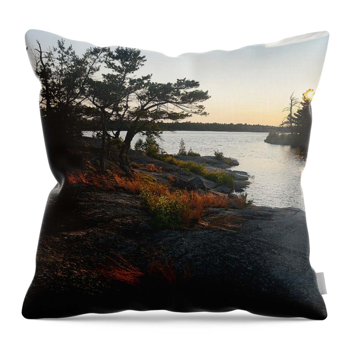 Sunset Throw Pillow featuring the photograph Hopewell Bay island rock grass by Steve Somerville