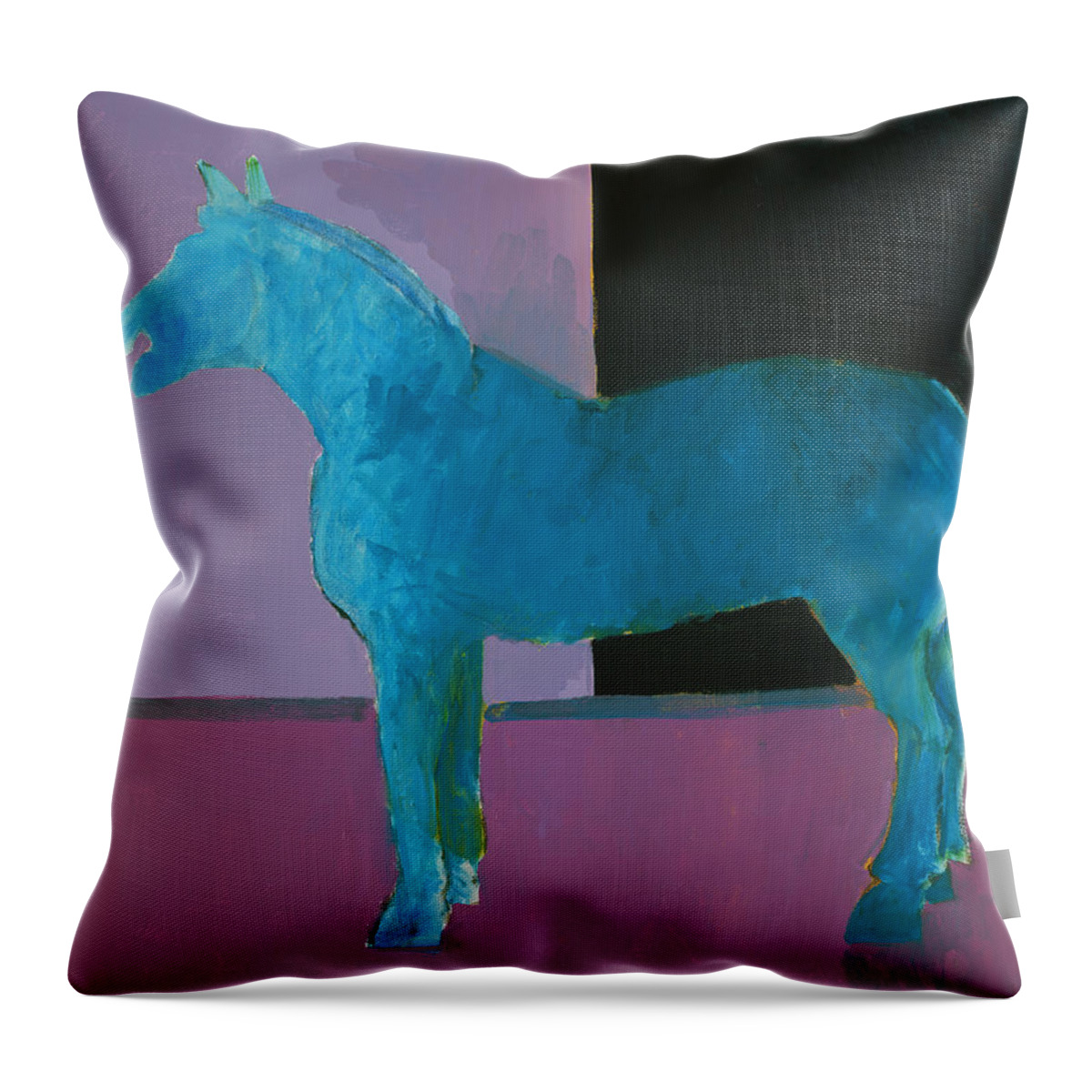 Abstract Throw Pillow featuring the painting Horse, Blue on Lavender by Thomas Tribby
