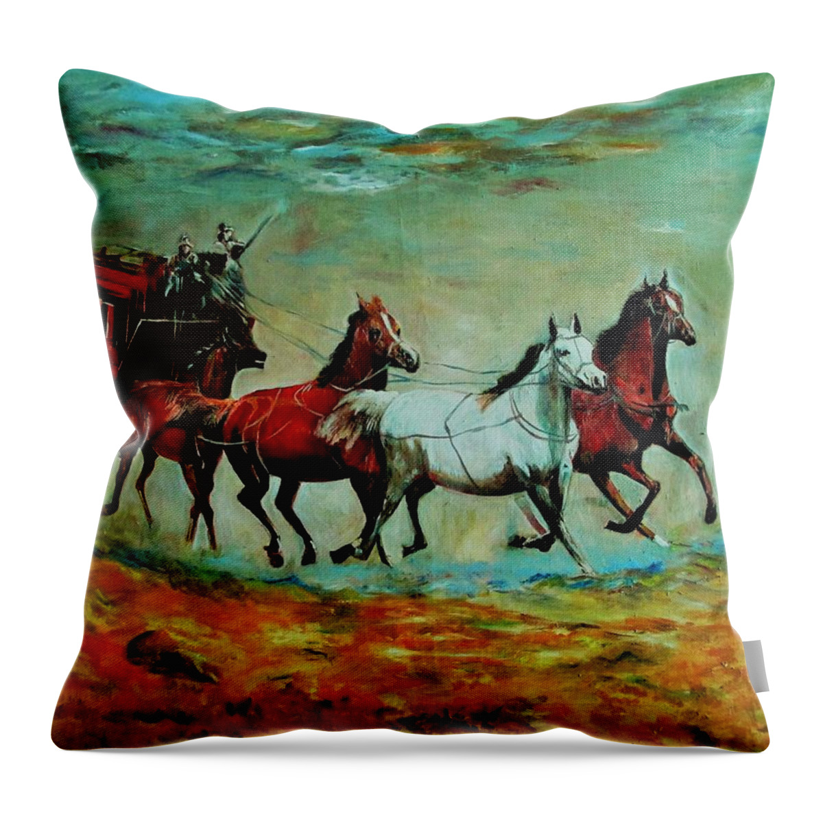 Chariot Throw Pillow featuring the painting Horse Chariot by Khalid Saeed