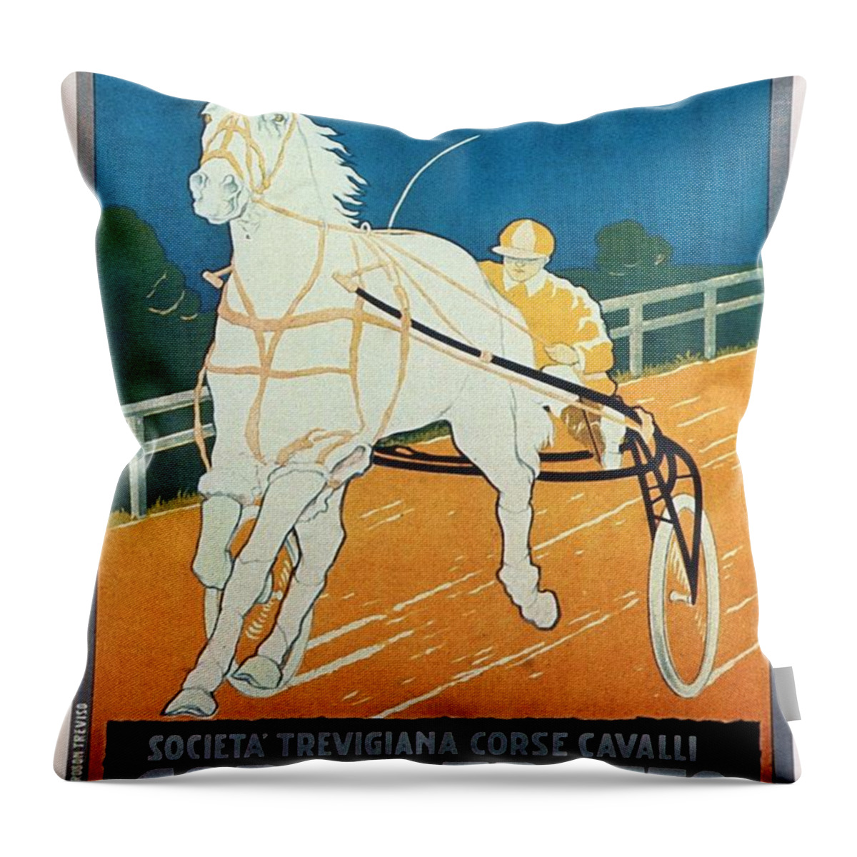 Corse Al Trotto Throw Pillow featuring the painting Horse Racing Course in Treviso Italy - Vintage Illustrated Poster for Corse al Trotto Exposition by Studio Grafiikka