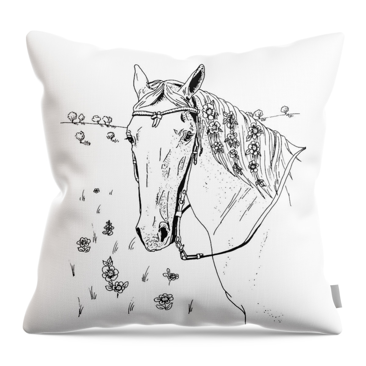 Horse Throw Pillow featuring the drawing Horse with Flowers in Mane by Masha Batkova