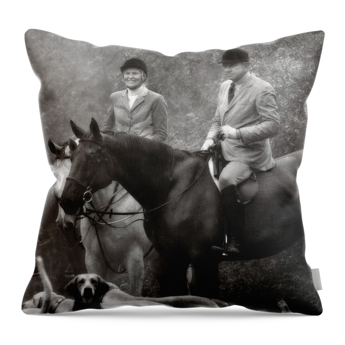  Throw Pillow featuring the photograph Horses and Hounds 2 in Black and White by Angela Rath