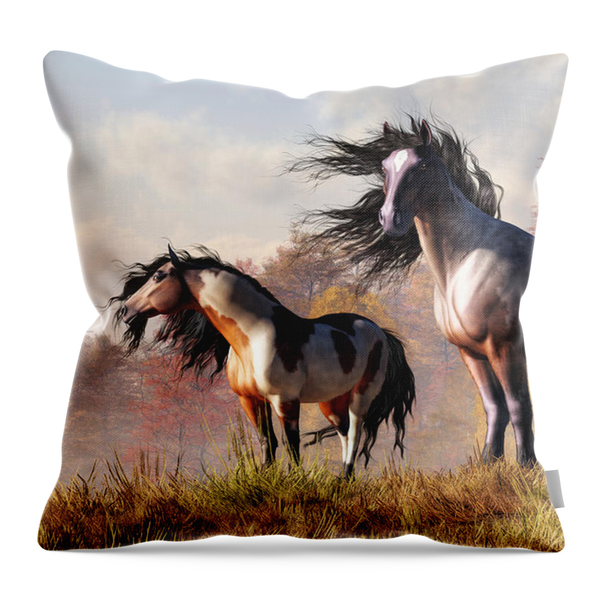 Horses In Fall Throw Pillow featuring the digital art Horses in Fall by Daniel Eskridge