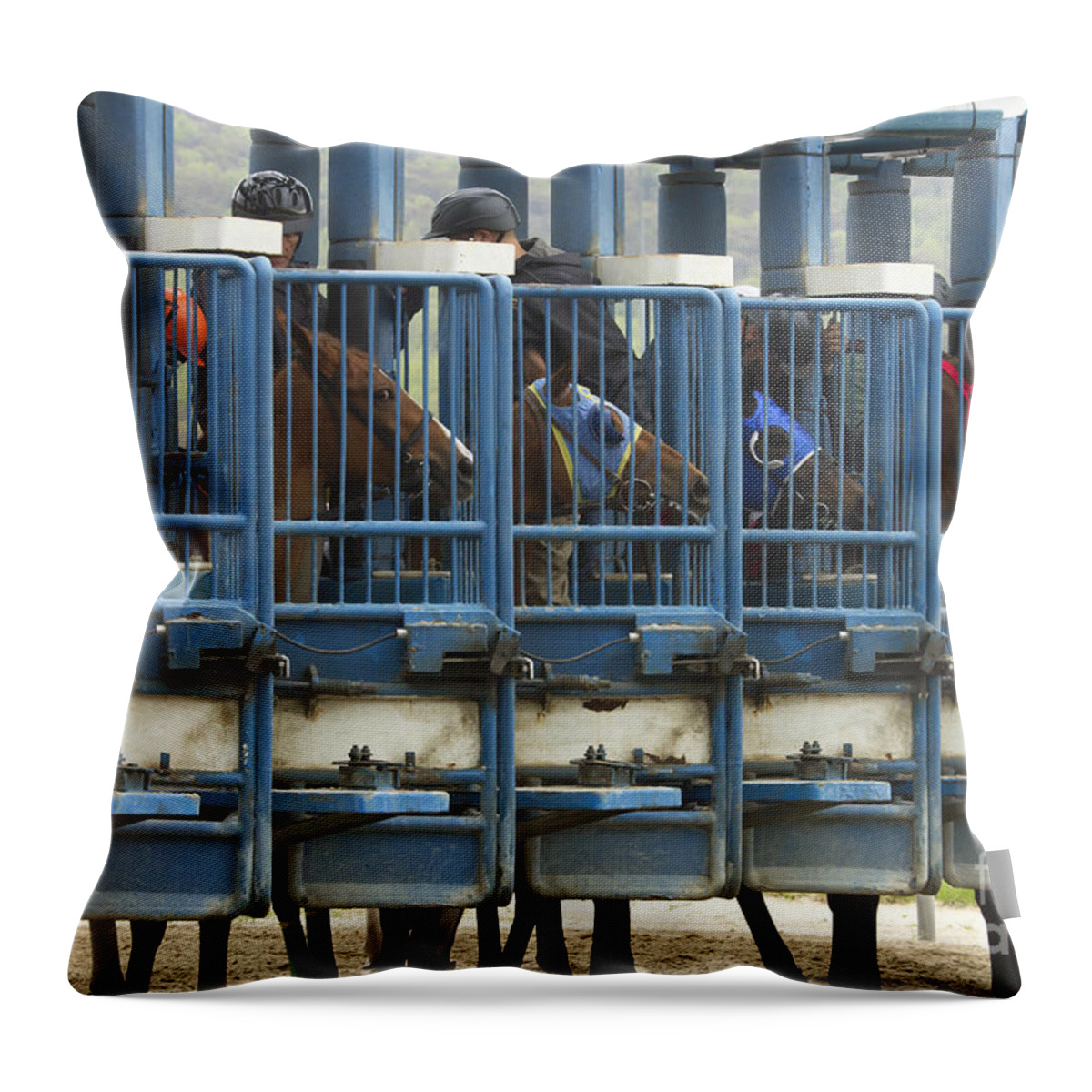 Horse Throw Pillow featuring the photograph Horses in starting gate by Karen Foley