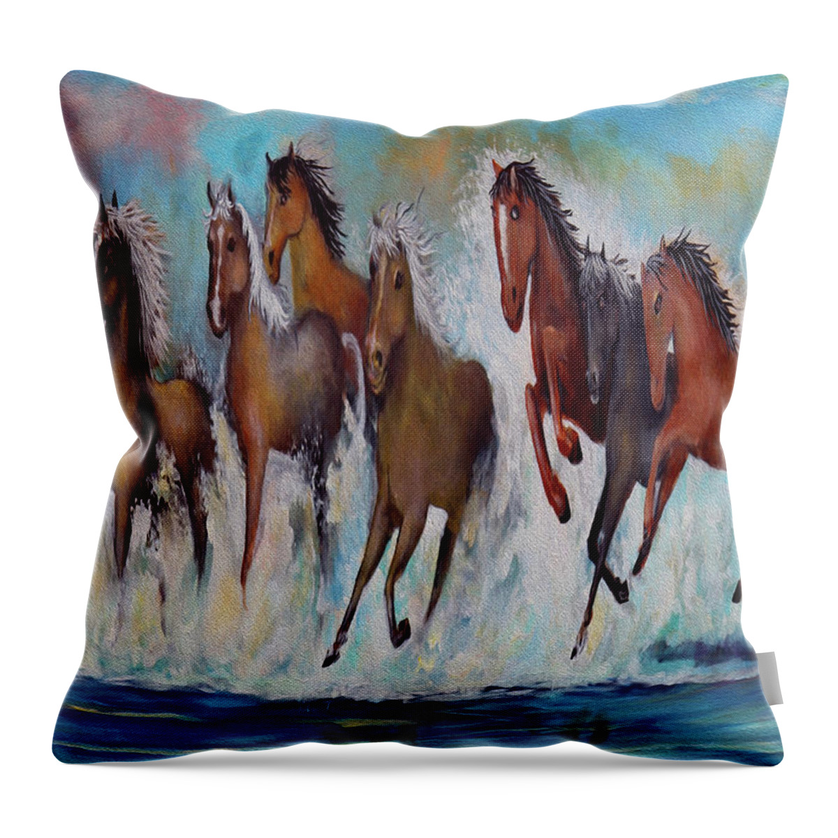  Splashing Surf Throw Pillow featuring the painting Horses Of Success by Virginia Bond