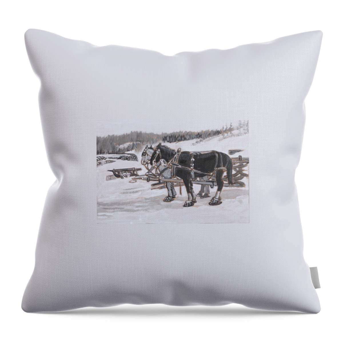 Historical Throw Pillow featuring the painting Horses Wearing Snowshoes Historical Vignette by Dawn Senior-Trask