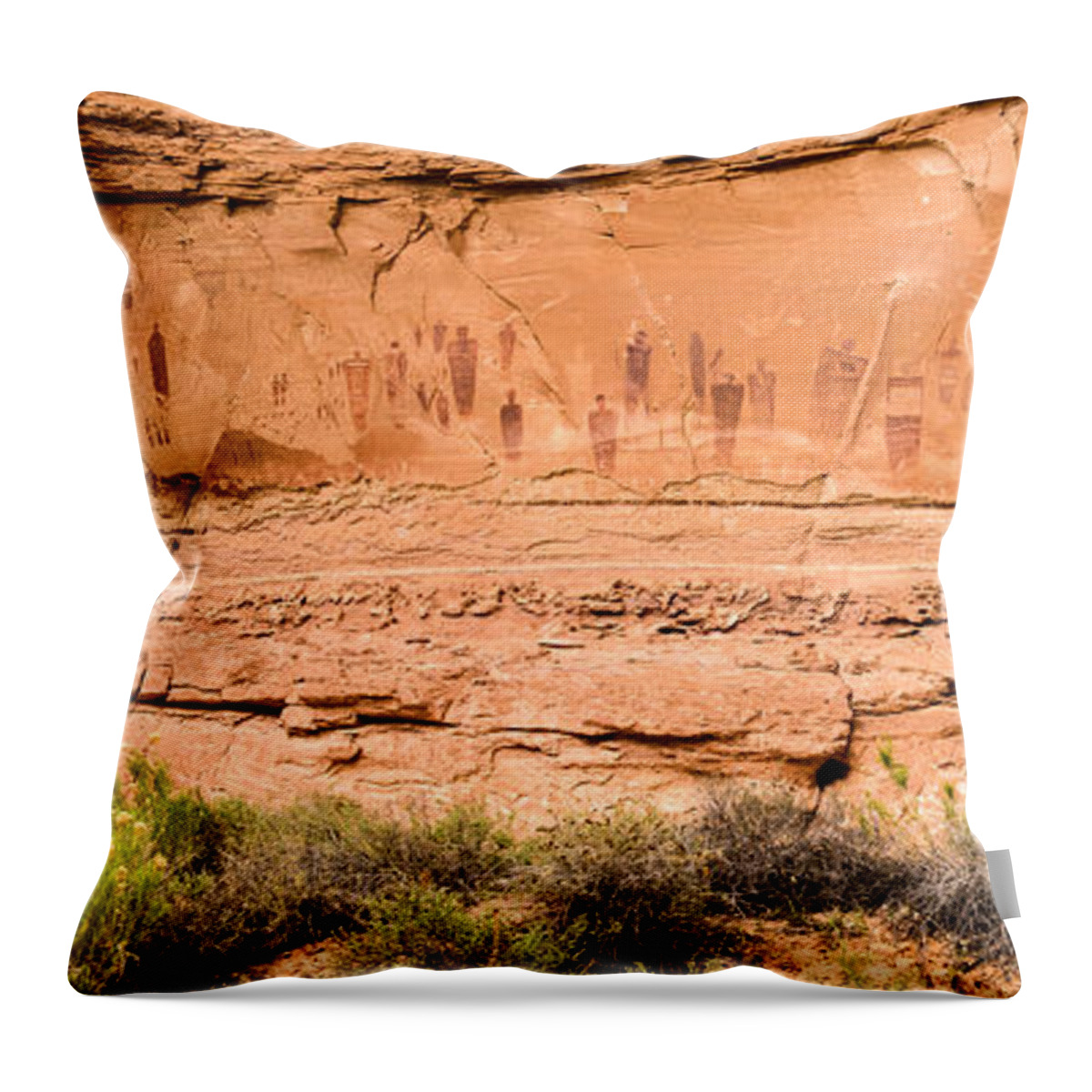 Horseshoe Canyon Throw Pillow featuring the photograph Horseshoe Canyon Great Gallery Panorama Pictographs by Gary Whitton