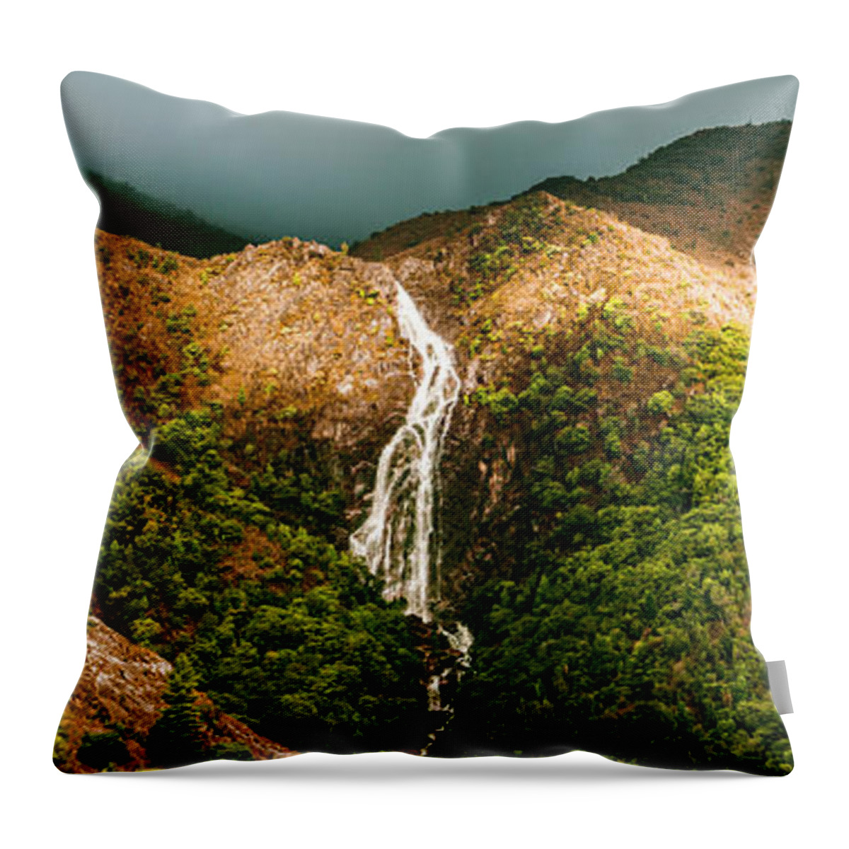 Panorama Throw Pillow featuring the photograph Horsetail falls in Queenstown Tasmania by Jorgo Photography