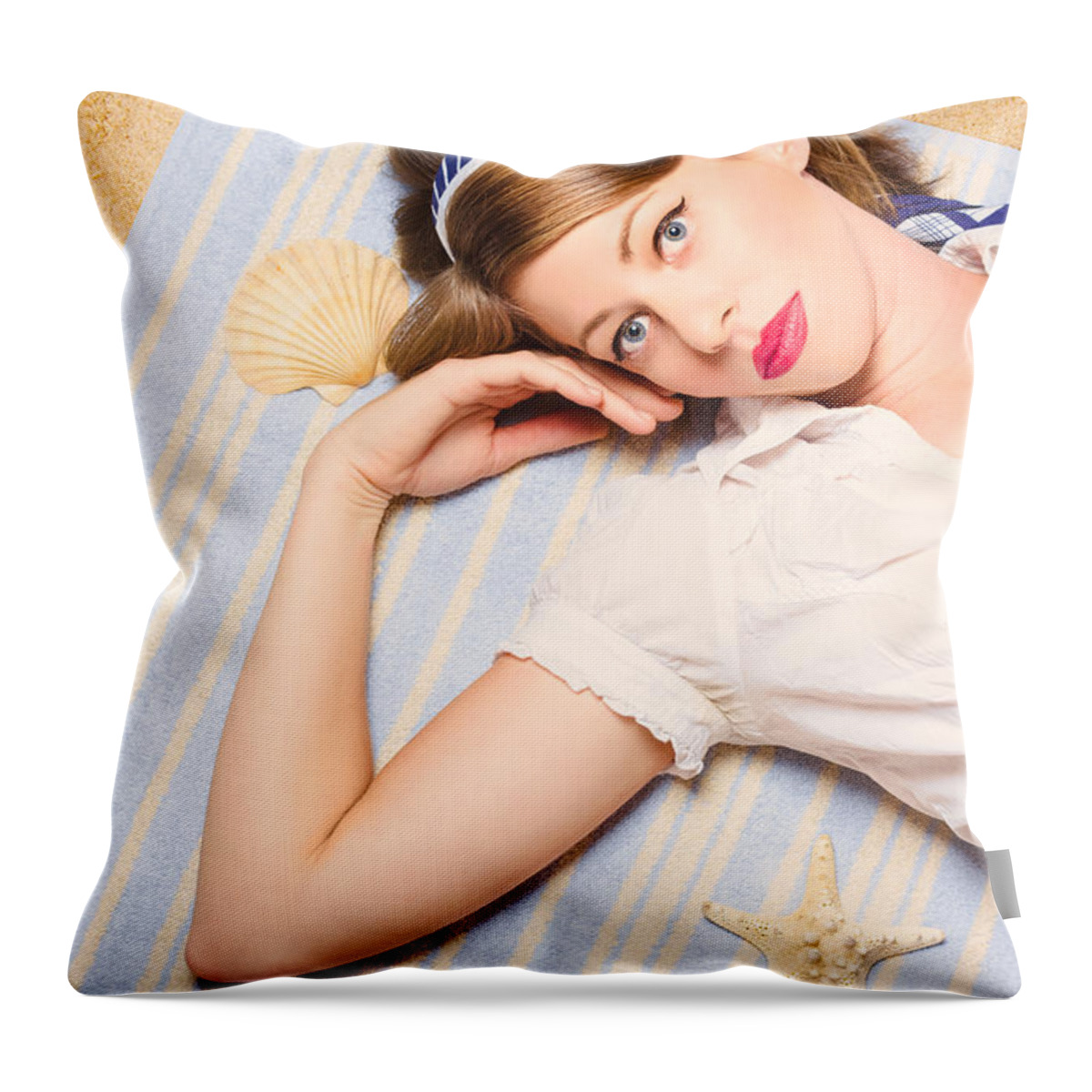 Australia Throw Pillow featuring the photograph Hot retro pinup girl lying on beach in Australia by Jorgo Photography