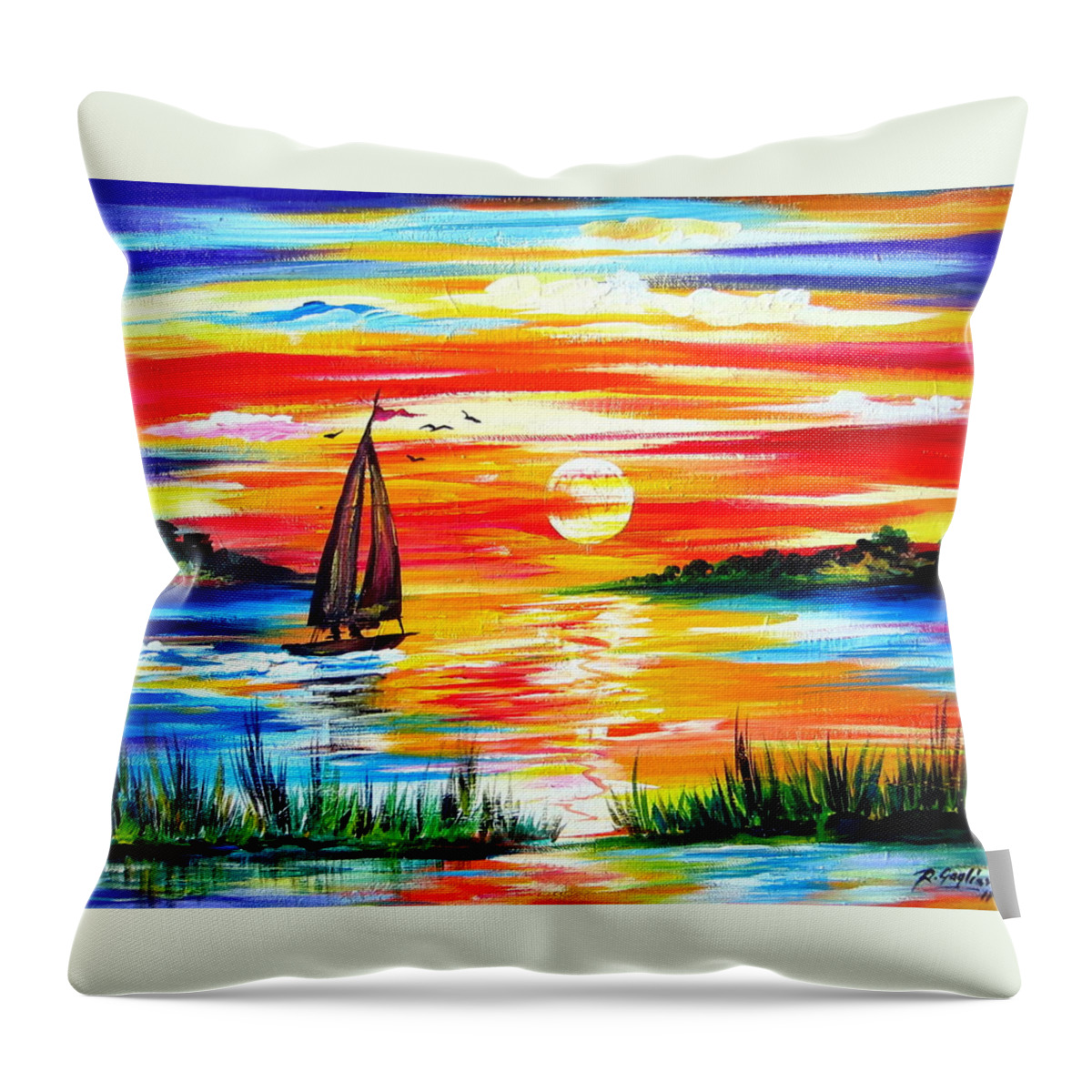 Sails Throw Pillow featuring the painting Hot Summer sunset by Roberto Gagliardi