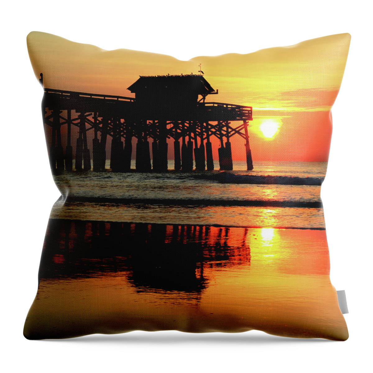 Cocoa Beach Pier Throw Pillow featuring the photograph Hot Sunrise Over Cocoa Beach Pier by Carol Montoya