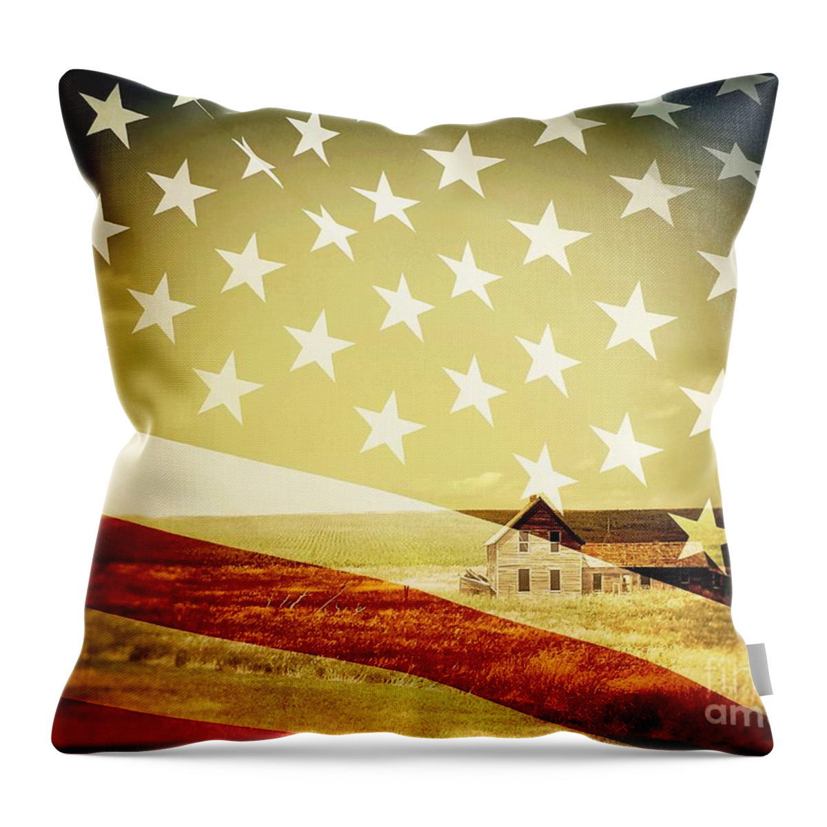 Farm Throw Pillow featuring the photograph House and Flag Double Exposure by Iryna Liveoak