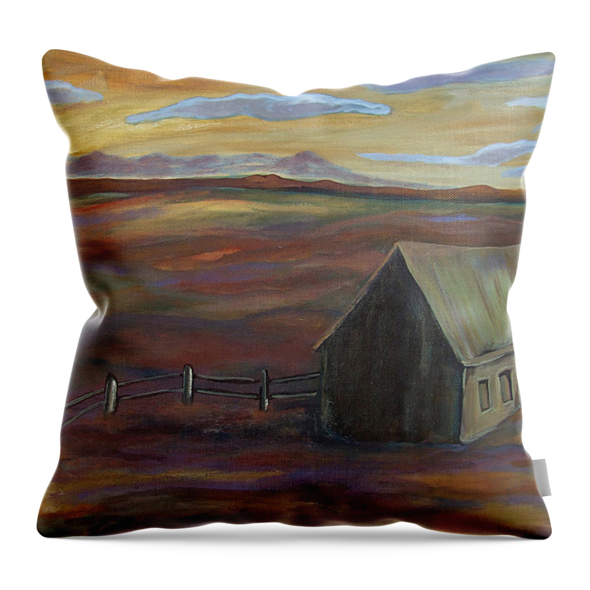 Katt Yanda Original Art Landscape Oil Painting House Fence Sky Open Land Mountains Throw Pillow featuring the painting House with Fence and Sky by Katt Yanda