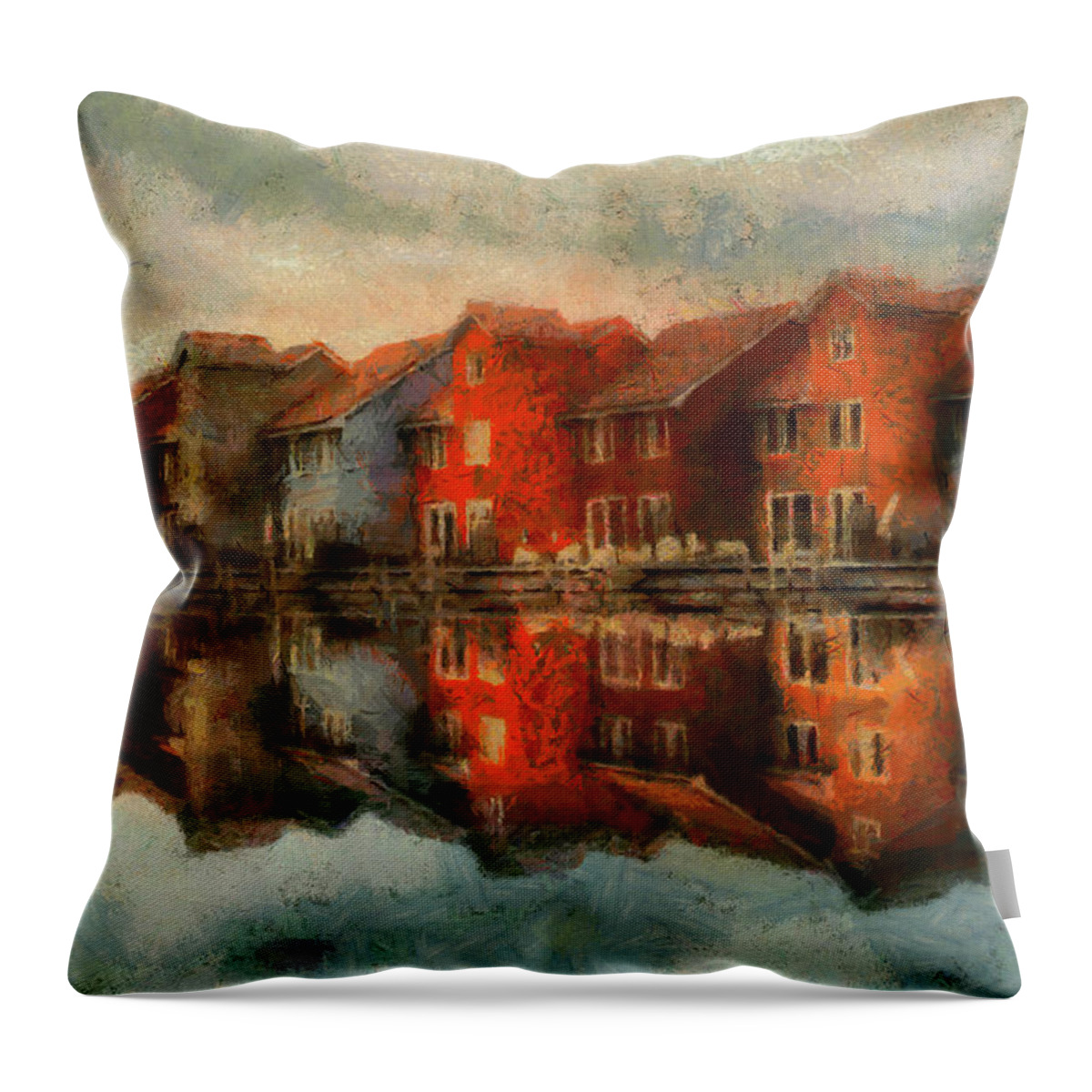 Landscape Throw Pillow featuring the painting Houses by the Sea by Kai Saarto