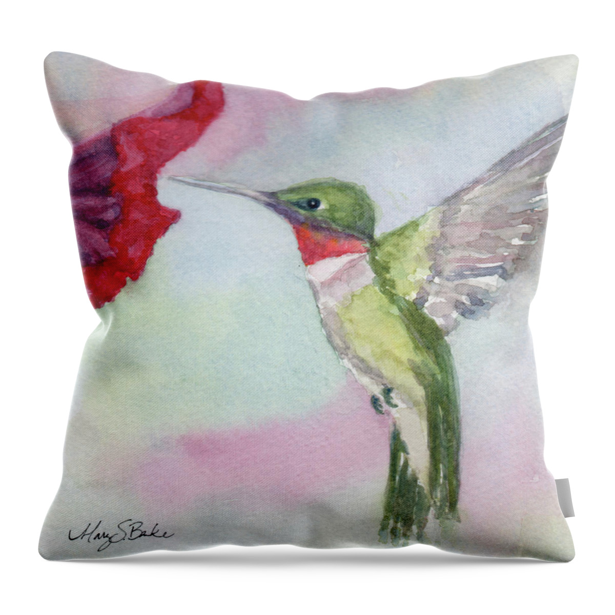 Bird Throw Pillow featuring the painting Hovering Ruby by Mary Benke